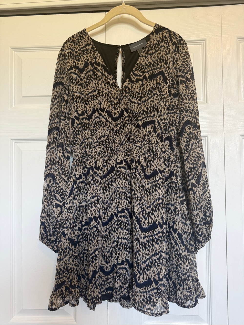 Navy and Tan Long Sleeve Printed Dress